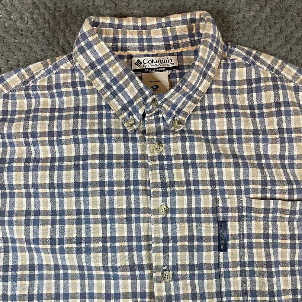 Columbia Men's Button Down Blue/Gold‎ Plaid Size XL 100% Cotton Classic Casual